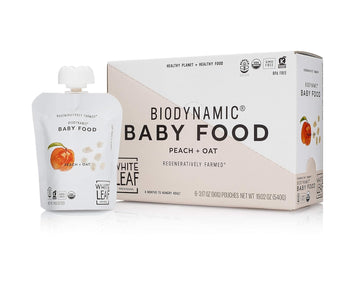 White Leaf Provisions Biodynamic & Organic Baby Food / Snacks — Peach + Oat Unsweetened Baby Puree Pouches — Squeezable Baby Food & Toddler Snack – 6 X 90G Organic Fruit Pouches