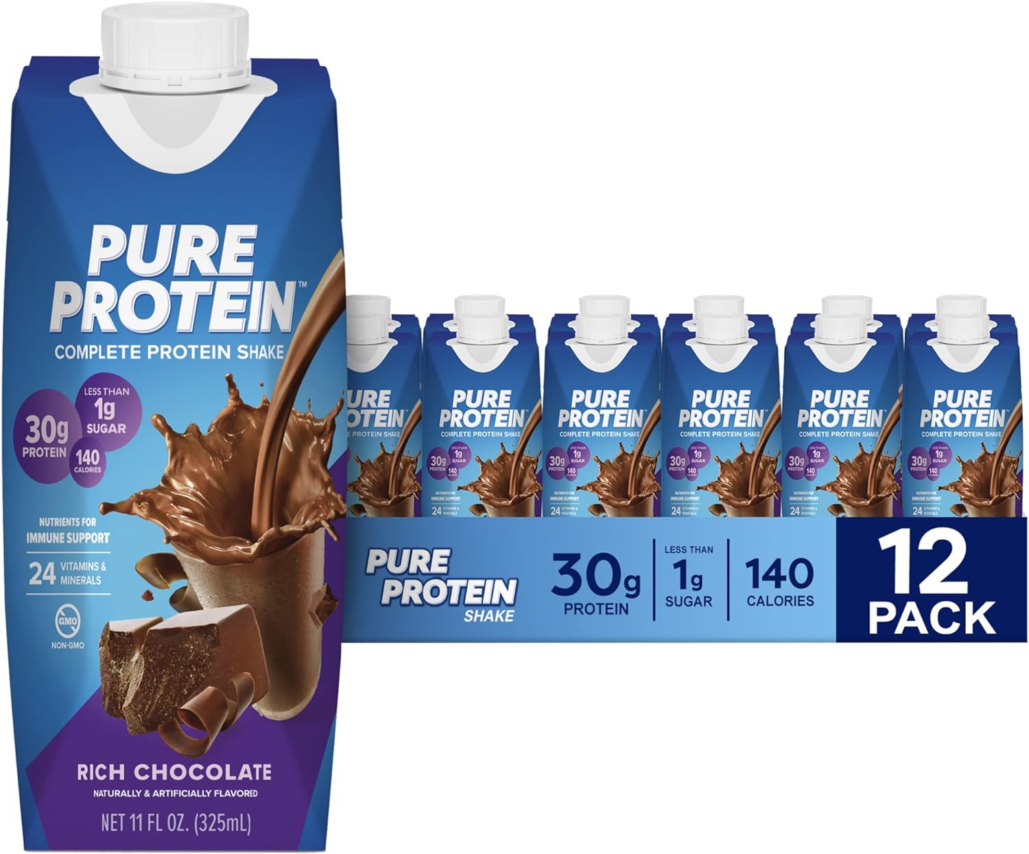 Pure Protein Chocolate Protein Shake, 30G Complete Protein, Ready To Drink And Keto-Friendly, Vitamins A, C, D, And E Plus Zinc To Support Immune Health, 11Oz Bottles, 12 Pack