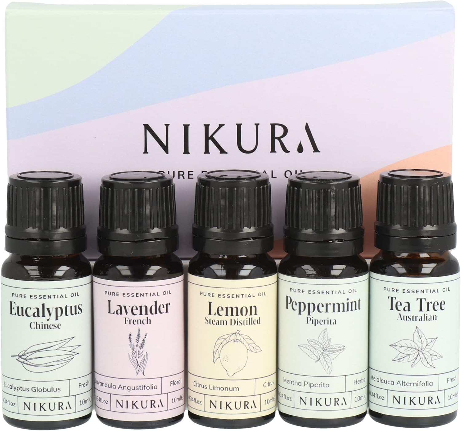 Nikura Starter Essential Oil Gift Set - 5 X 10Ml | Essential Oils For Diffuser For Home, Aromatherapy, Strong Fragrance, Lavender Oil For Sleep | Eucalyptus, Lavender, Lemon, Peppermint, Tea Tree