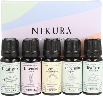 Nikura Starter Essential Oil Gift Set - 5 x 10ml | Essential Oils for Diffuser for Home, Aromatherapy, Strong Fragrance, Lavender Oil for Sleep | Eucalyptus, Lavender, Lemon, Peppermint, Tea Tree