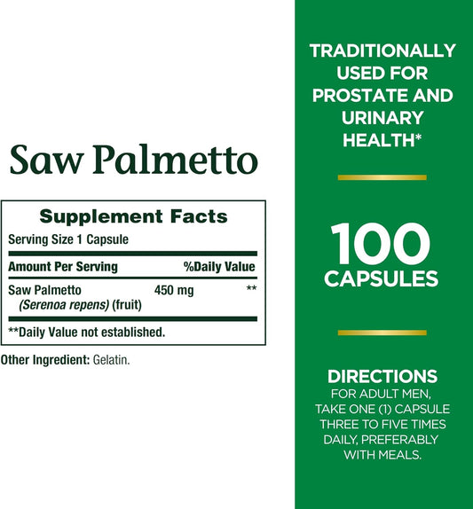 Nature'S Bounty Saw Palmetto, Herbal Health Supplement, Prostate And Urinary Health, 450 Mg, 100 Capsules