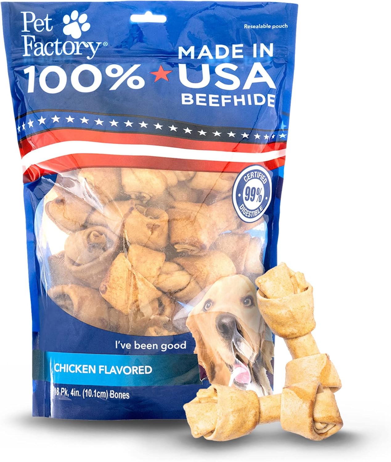 Pet Factory 100% Made In Usa Beefhide 4" Knotted Bones Dog Chew Treats - Chicken Flavor, 18 Count/1 Pack