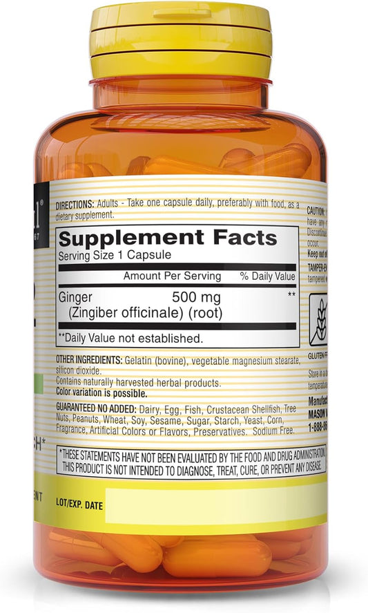 MASON NATURAL Whole Herb Ginger 500 mg, Natural Herbal Supplement, 60 Capsules