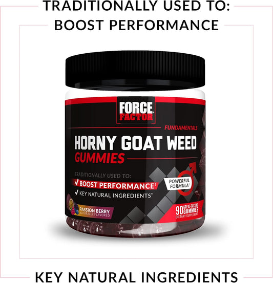 Force Factor Horny Goat Weed Gummies For Men, Natural Male Drive & Vitality Supplement With Ingredients For Superior Absorption, Delicious Passion Berry Flavor, Black, 90 Count