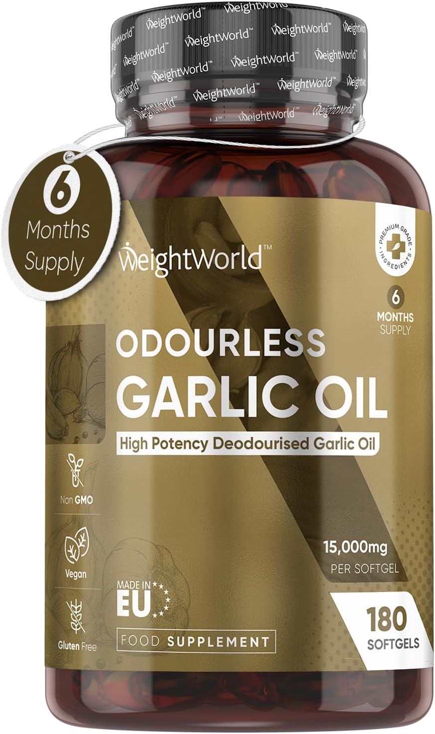 Garlic Capsules - 6 Months Supply - 180 Softgels - 15000Mg - Rich In Allicin - High Strength, Vegan & Cold Pressed Garlic Supplement - Alternate To Odourless Garlic Tablets