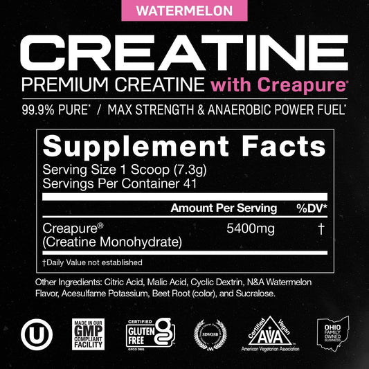 Muscle Feast Creapure Creatine Monohydrate Powder, Vegan Keto Friendly Gluten-Free Easy to Mix, Mass Gainer, Muscle Recovery Supplement and Best Creatine for Muscle Growth, Watermelon, 300g