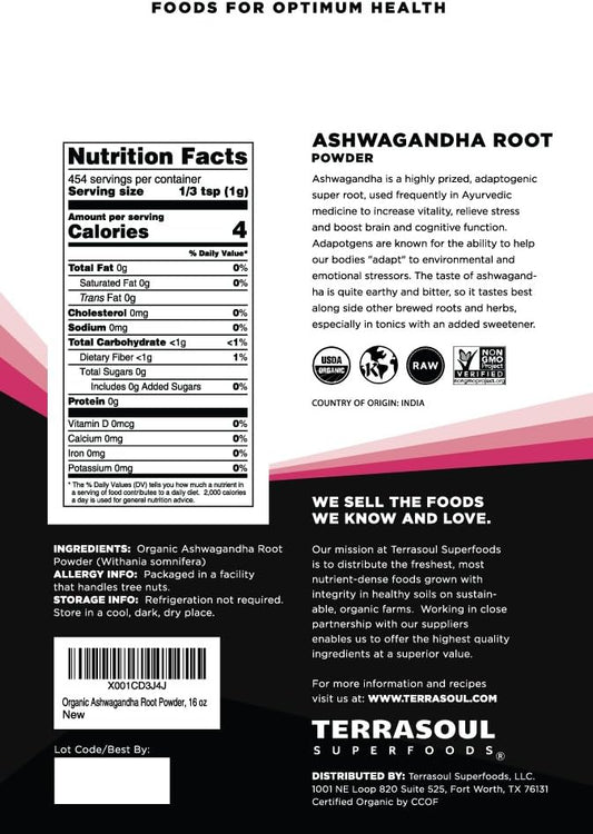 Terrasoul Superfoods Organic Ashwagandha Root Powder 6Oz