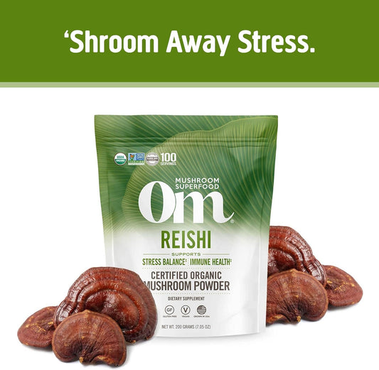 Om Mushroom Superfood Reishi Organic Mushroom Powder, 7.05 Ounce Pouch, 100 Servings, Adaptogen, Stress & Immune Support, Superfood Mushroom Supplement