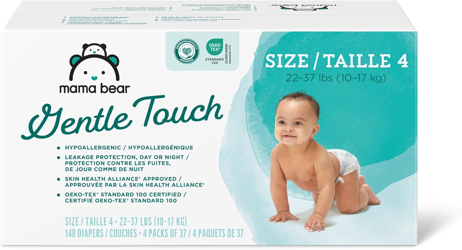 Amazon Brand - Mama Bear Gentle Touch Diapers, Hypoallergenic, Size 4, 148 Count, 4 Packs Of 37, White