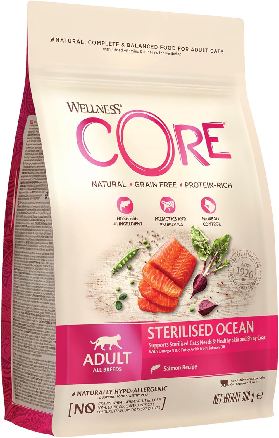 Wellness CORE Sterilised Ocean, Dry Cat Food for Sterilised Cats, Grain Free, High Meat Content, Salmon & Tuna, 300 g?10716