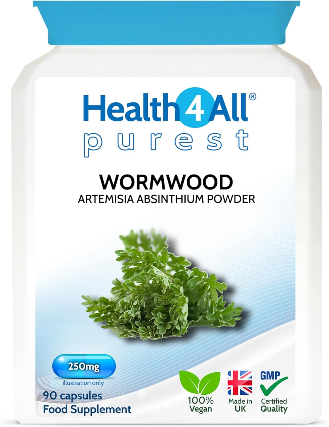 Health4All Wormwood 250Mg 90 Capsules, Purest Vegan Artemisia Absinthium Supplement For Adults | Intestinal Cleanse, Supports Bile Production | Made In Uk
