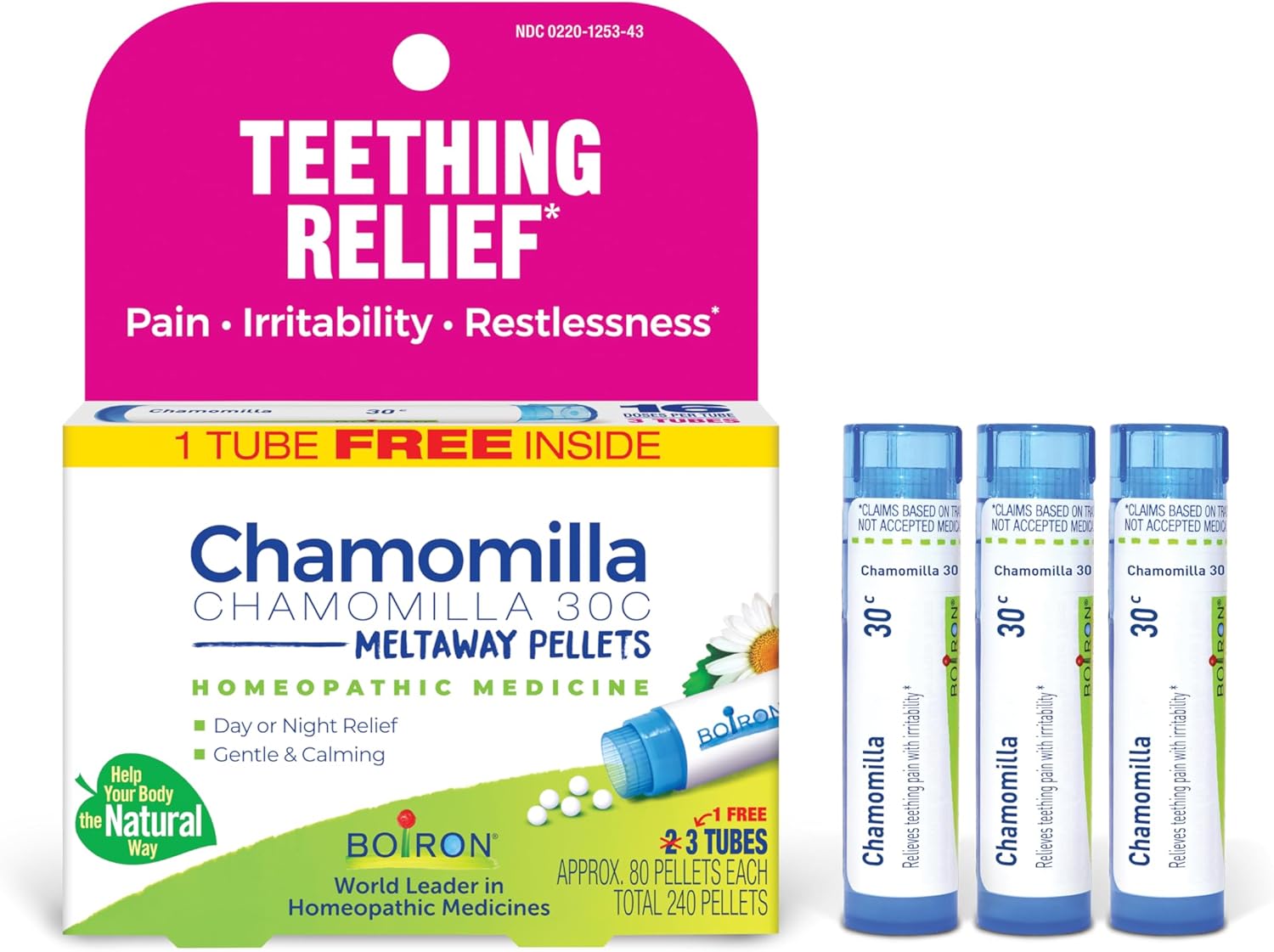 Boiron Chamomilla 30C Homeopathic Medicine For Teething Relief, Pain, Irritability, And Restlessness - 3 Count (240 Pellets)