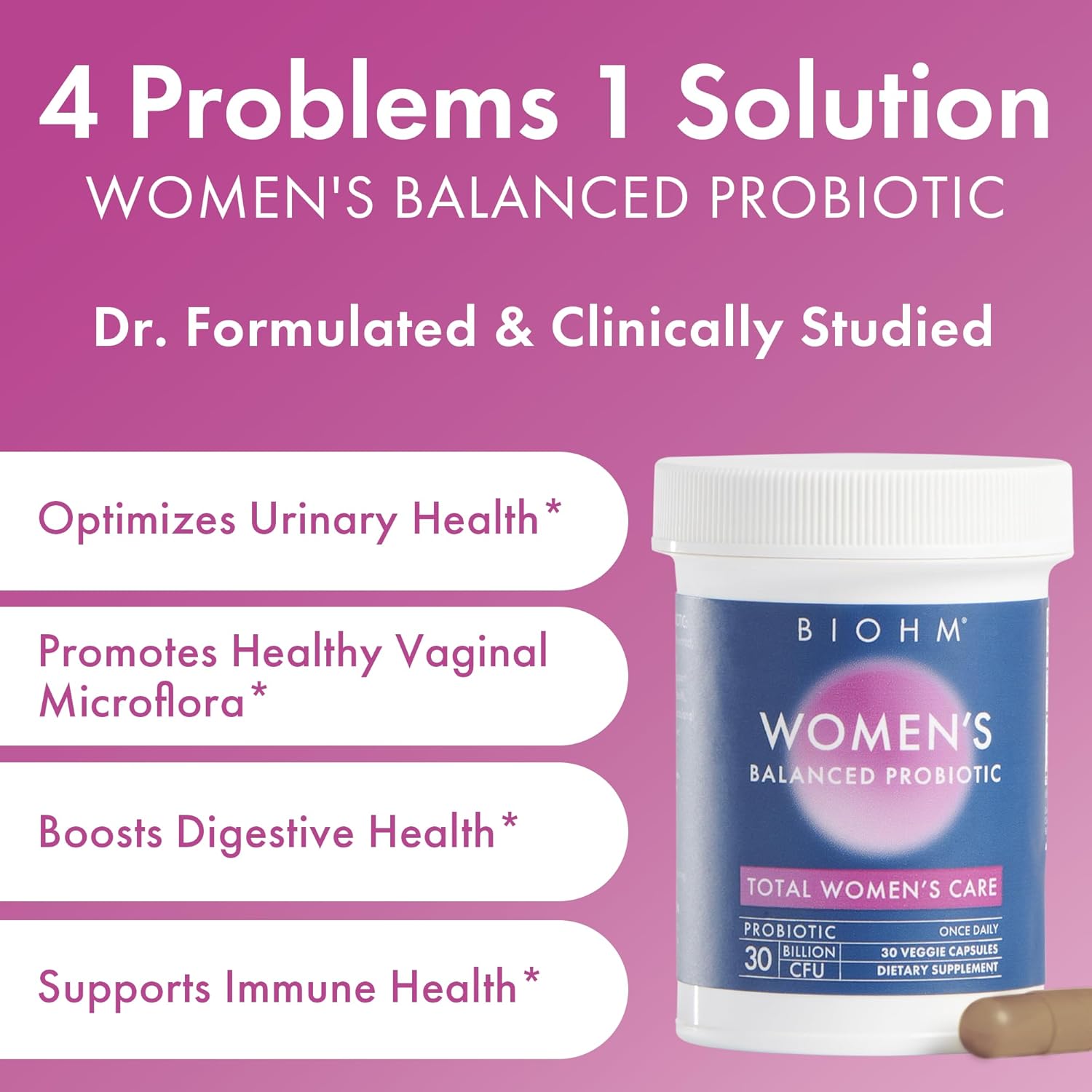 Biohm Probiotics For Women, 30 Billion Cfu, 9 Strains (30 Count) Helps Support Total Gut Health, Digestive & Immune System, Vaginal Probiotic For Urinary Tract & Vaginal Health, 30 Day Supply : Health & Household