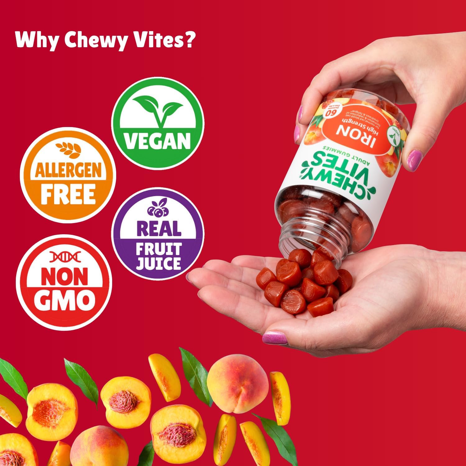 Chewy Vites Adult High Strength Iron, 60 Vitamin Gummies, 14mg Ferrous Fumerate Iron Gummies with Vitamin C, 2 Months Supply, Real Fruit Juice, Vegan, Peach Flavour : Amazon.co.uk: Health & Personal Care