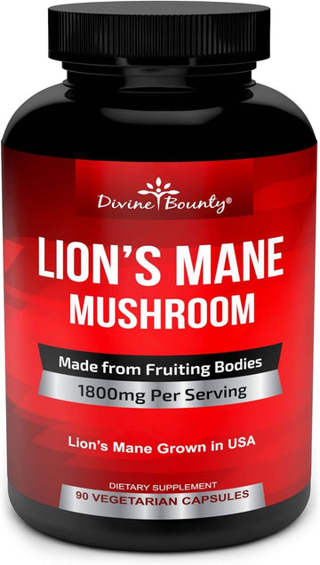 Organic Lions Mane Mushroom Capsules - 1800mg Strongest Lion's Mane Mushroom Supplement - Non-GMO Lions Mane Extract Powder - Nootropic Brain Supplement - Brain & Immune Support - 90 Vegetarian Caps