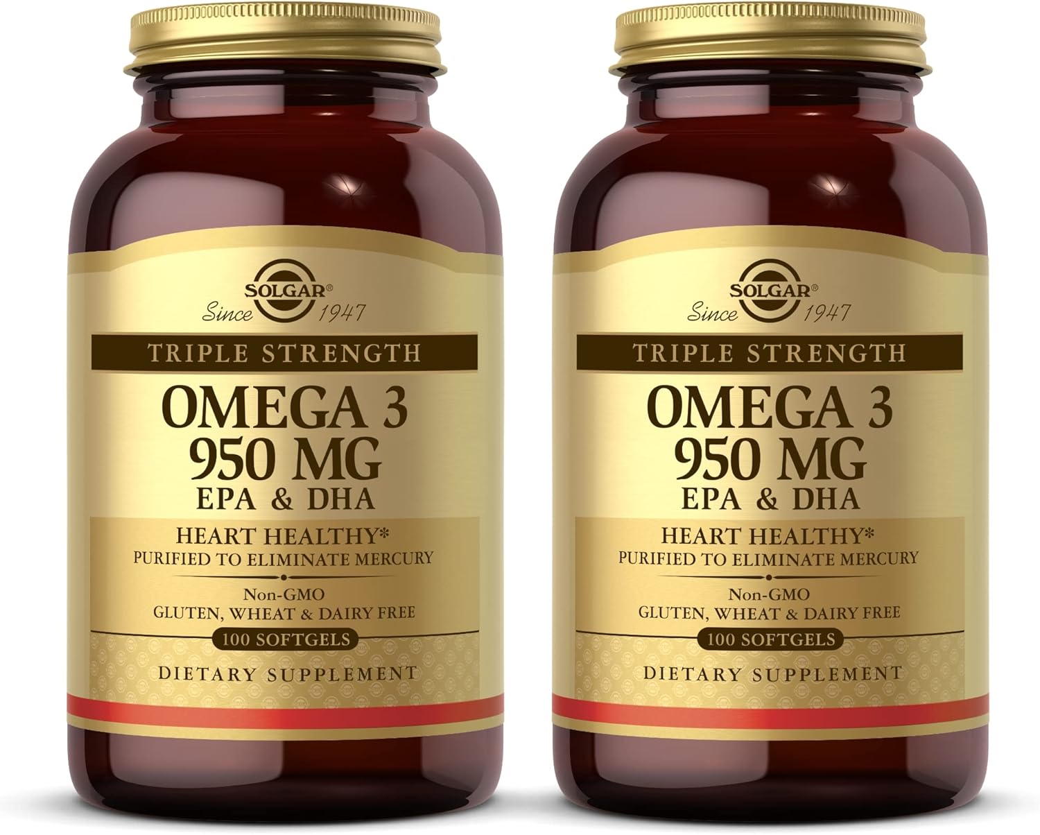 Solgar Triple Strength Omega 3 950 mg - 100 Softgels, Pack of 2 - Supports Cardiovascular, Joint & Skin Health - Non-GMO, Gluten Free, Dairy Free - 200 Total Servings