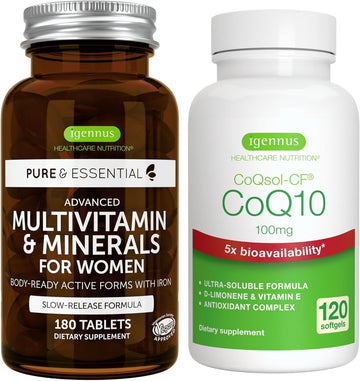 Multivitamin & Minerals For Women + High Absorption Coq10 100Mg 120 Softgels Energy Bundle, Sustained Release Advanced Multivitamin + Coq10 With Vitamin E & D-Limonene, By Igennus