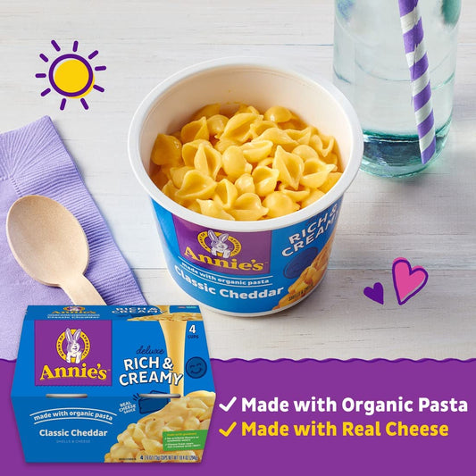 Annie'S Classic Cheddar Deluxe Rich And Creamy Microwave Mac & Cheese With Organic Pasta, 4 Ct, 2.6 Oz Cups