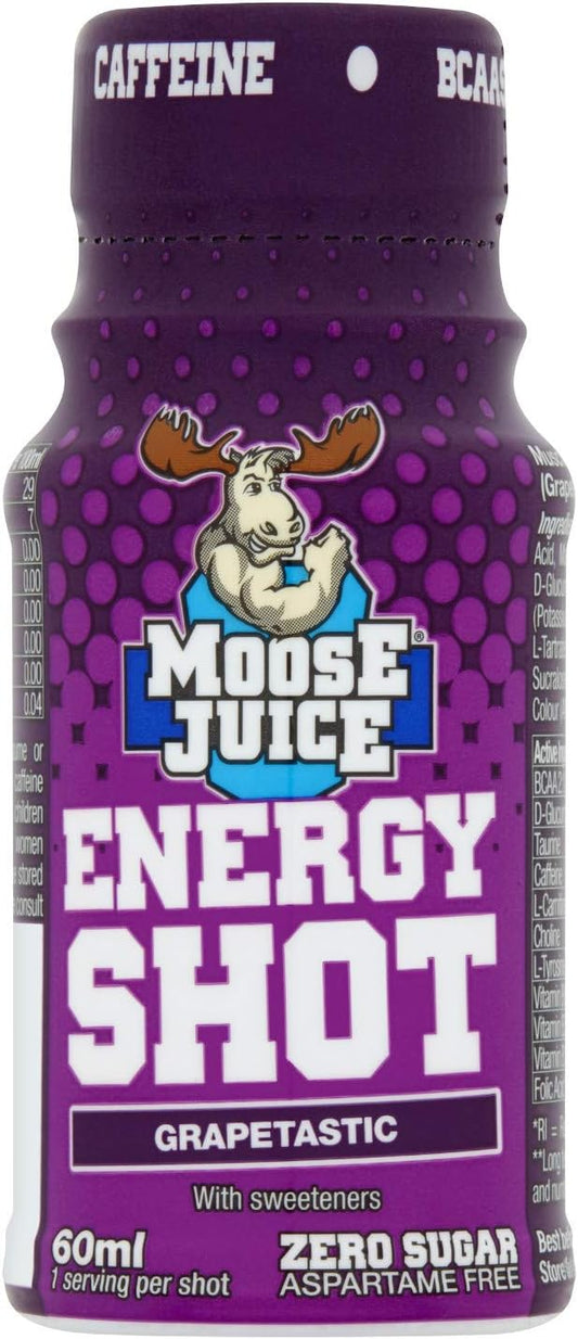 Muscle Moose ? Moose Juice Energy Shots | Caffeine Drink, BCAA & B Vitamins, Zero Sugar, Aspartame-free, Grapetastic, 60ml (12 Shots)