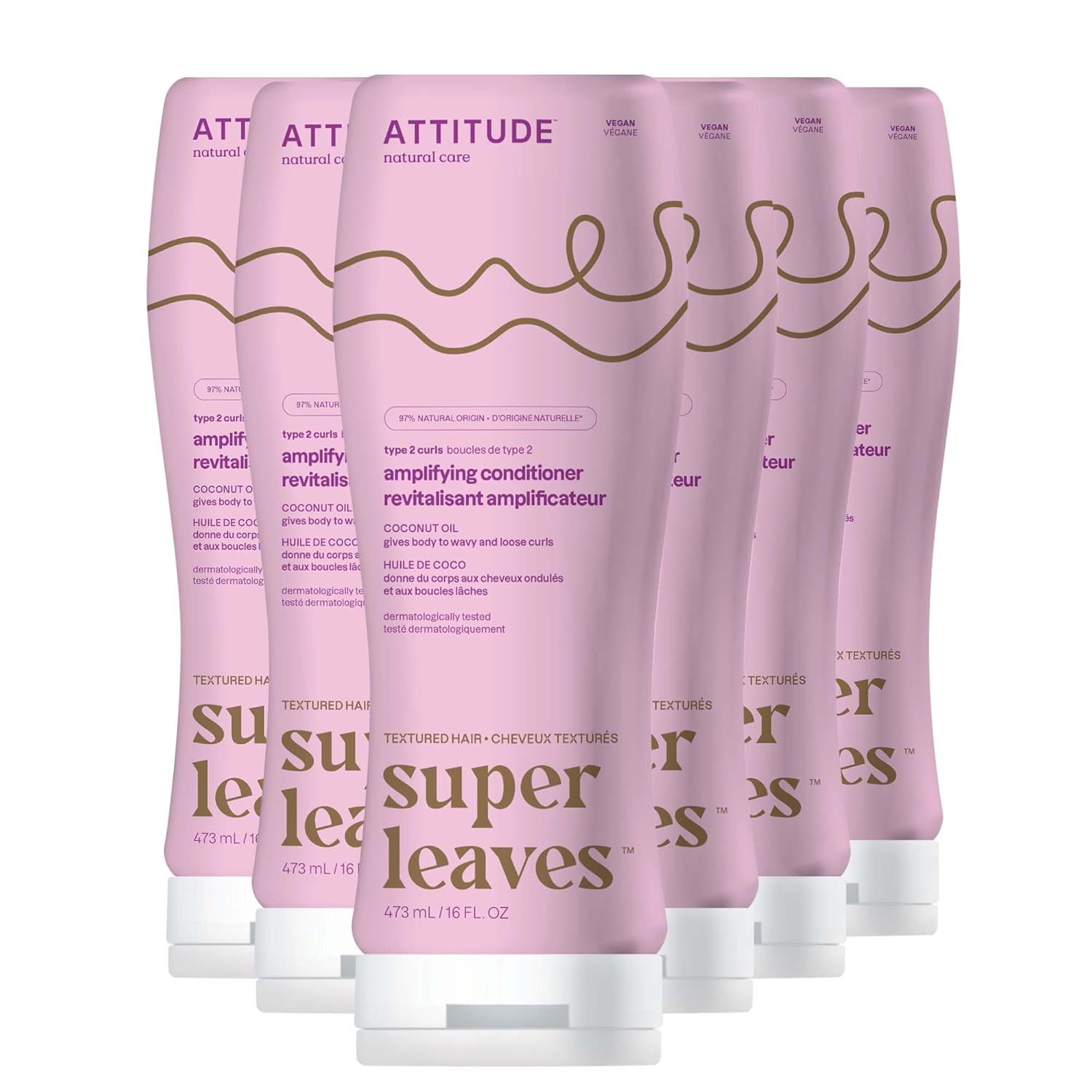 Attitude Amplifying Conditioner For Curly Hair With Coconut Oil, Ewg Verified, Vegan Detangler And Naturally Derived Ingredients, 2A, 2B, 2C Curl Type, Gives Body To Curls, 16 Fl Oz (Pack Of 6)