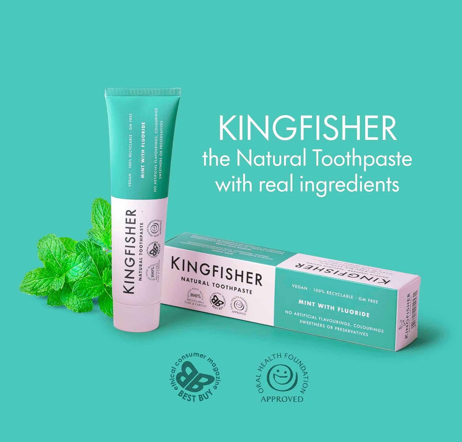 Kingfisher Natural Toothpaste Mint with Fluoride | Suitable for Vegetarians & Vegans | Oral Health Foundation Approved | Gluten-Free & GM-Free | Ethical Consumer Best Buy | 1 x 100ml Tube : Amazon.co.uk: Health & Personal Care