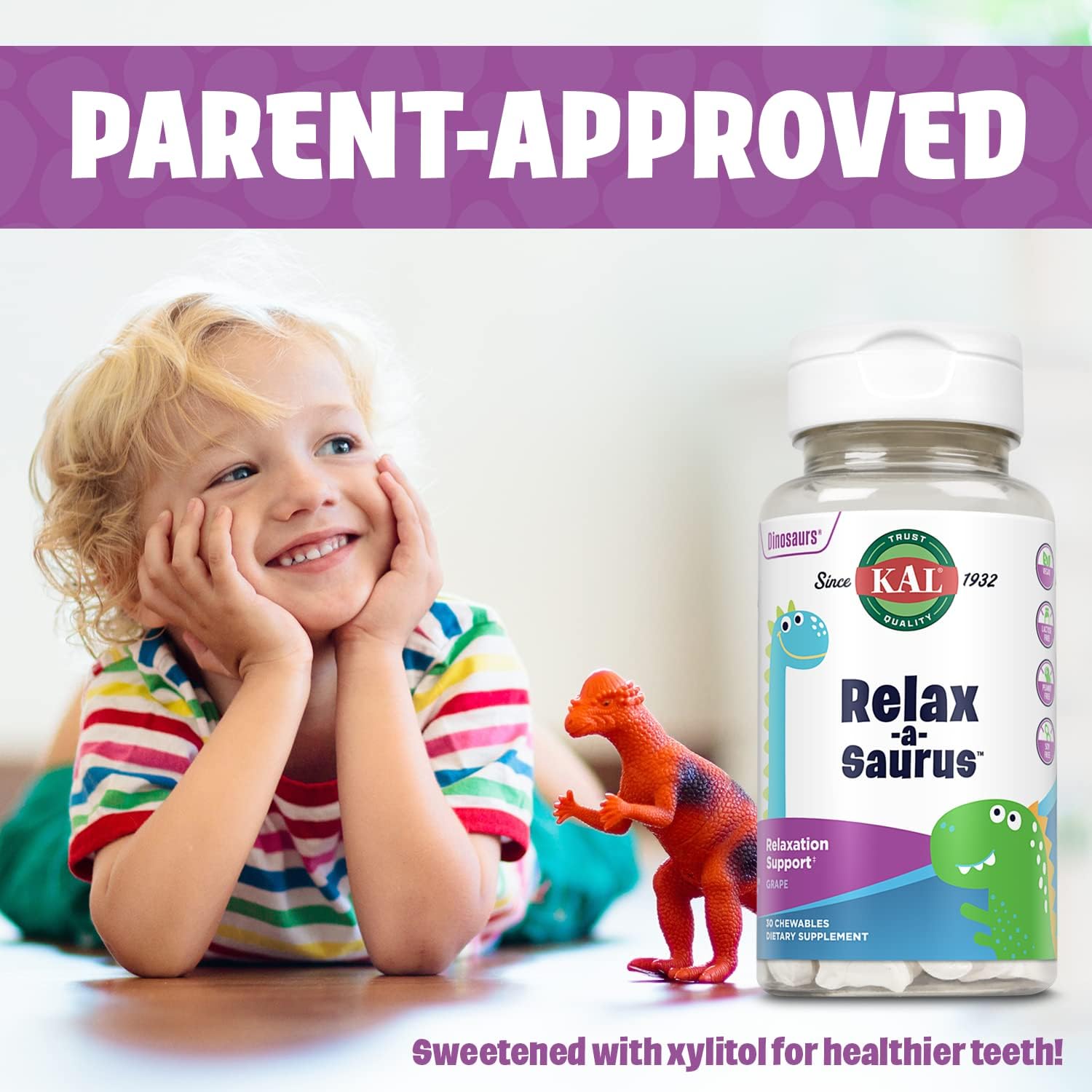 KAL Relax-a-Saurus, Stress Support Supplement for Kids, L-Theanine for Children with Herbal Stress Relief & Relaxation & Blend, Delicious Natural Grape Flavor, 60-Day Guarantee, 30 Chewables : Health & Household