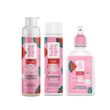 Hello Bello Kids Conditioning Mist & Detangler, Watermelon - 6.7Oz + Shampoo & Body Wash, 10 Fl Oz + Conditioner, 10 Fl Oz - Hypoallergenic, Ph-Balanced & Dermatologist-Tested