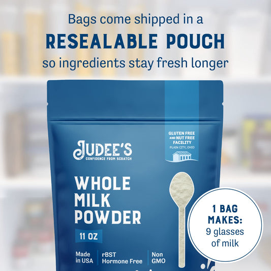 Judee's Pure Whole Milk Powder - 100% Non-GMO, rBST Hormone-Free, Gluten-Free and Nut-Free - Pantry Staple, Baking Ready, Great for Travel, Easy to Store and Shelf Stable - Made in USA - 11oz