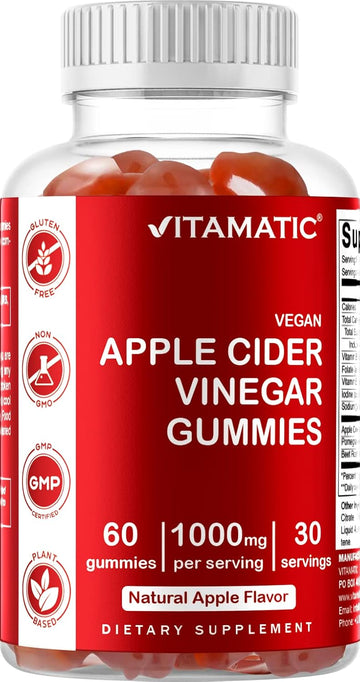 Vitamatic Apple Cider Vinegar Gummies - 1000Mg Per Serving - 60 Vegan Gummies - Acv Gummies For Detox, Weight Loss Support, Energy Boost, Digestion & Gut Health