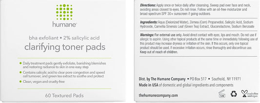 Humane Clarifying Toner Pads For Face - 2% Bha Liquid Salicylic Acid - Pore Minimizer And Facial Exfoliator - Gentle For All Skin Types - Removes Excess Oil, Dead Skin Cells, And Grime - 4 Ounce