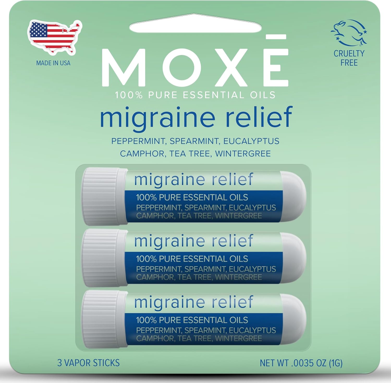 Moxe Migraine Relief Nasal Inhalers, Essential Oils For Headaches & Tension Relief, Portable Aromatherapy, Easy-To-Use, Pure & Undiluted, Peppermint, Spearmint, Eucalyptus, Tea Tree, Usa Made, 3 Pack