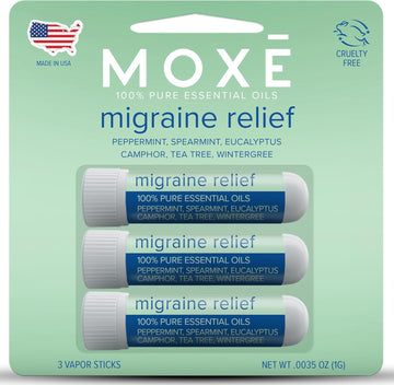 Moxe Migraine Relief Nasal Inhalers, Essential Oils For Headaches & Tension Relief, Portable Aromatherapy, Easy-To-Use, Pure & Undiluted, Peppermint, Spearmint, Eucalyptus, Tea Tree, Usa Made, 3 Pack