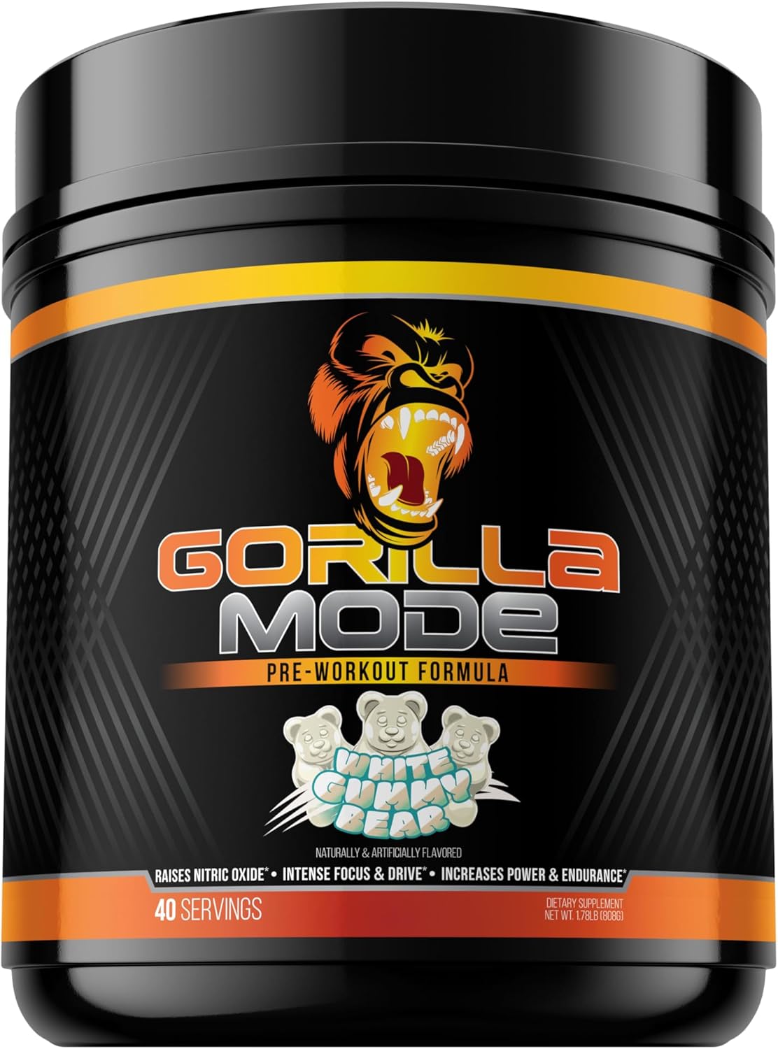 Gorilla Mind Pre Workout - Massive Pumps Laser Focus Energy Power - L-Citrulline, Creatine, L-Tyrosine, Betaine, Hydroprime, Alpha-Gpc, 400Mg Caffeine, Huperzine A 808G (White Gummy Bear)