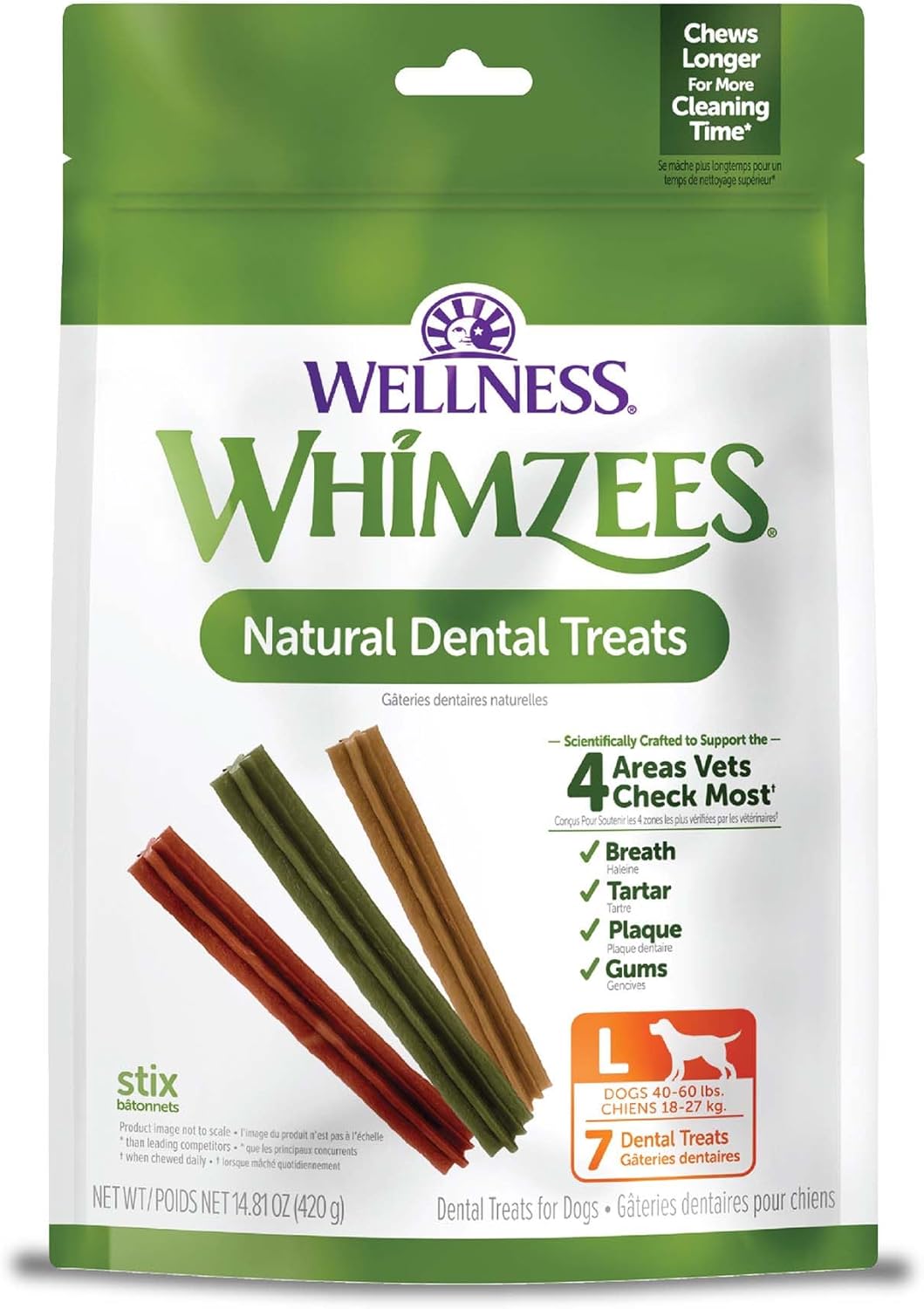 Whimzees By Wellness Stix Natural Dental Chews For Dogs, Long Lasting Treats, Grain-Free, Freshens Breath, Large Breed, 7 Count