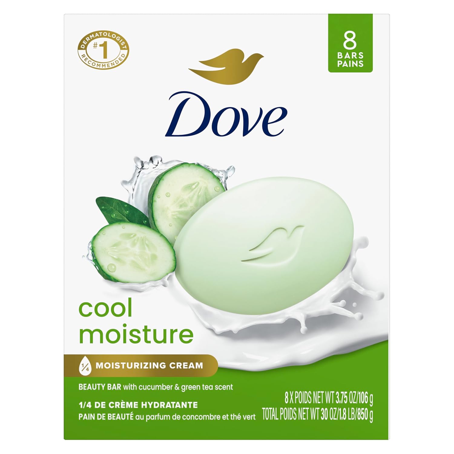 Dove Beauty Bar Soap Original 8 Count For Soft, Smooth Skin, With 1/4 Moisturizing Cream 3.75 Oz