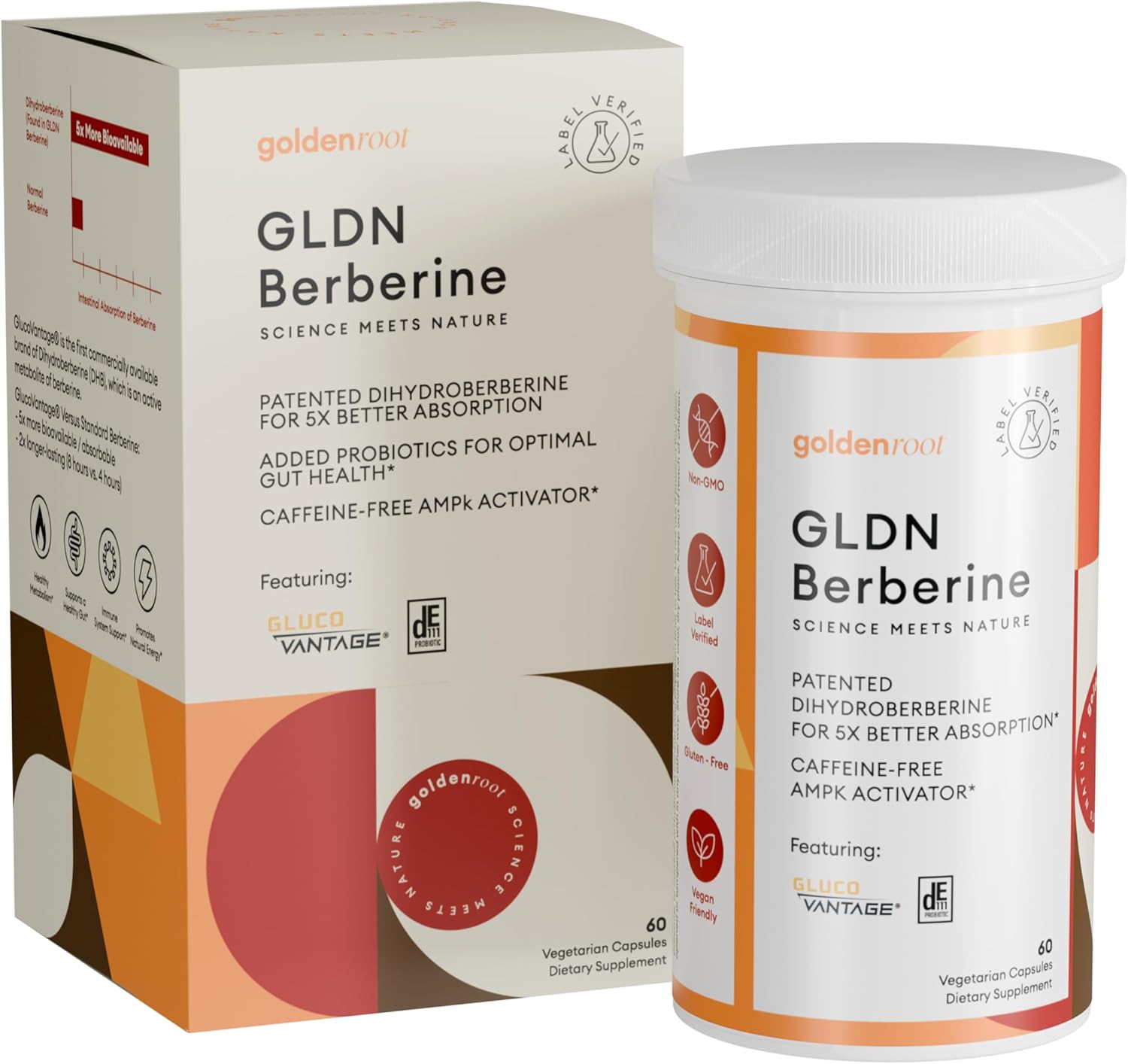 Gldn Berberine Advanced Absorption Formula - 200Mg Dihydroberberine 5X Improved Absorption - Dim - Chromium Picolinate And De111 Probiotics For Digestive Support - Vegan Friendly - 60 Capsules