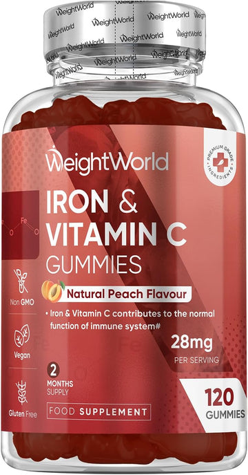 Iron Gummies - 28Mg Per Serving - 120 Gummies - With Vitamin C - 2 Months Supply - Natural Peach Flavour - 2 Gummies A Day - Ferrous Fumarate Form - Vegan & Gluten-Free