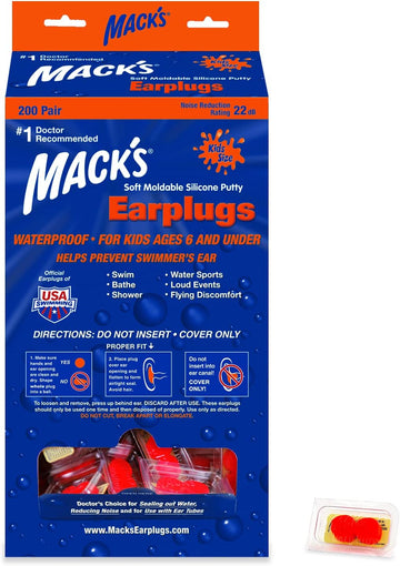 Mack?s? Soft Moldable Silicone Putty Earplugs - Kids Size, 200 Pair Dispenser ? Comfortable Small Ear Plugs for Swimming, Bathing, Travel, Loud Events and Flying | Made in USA