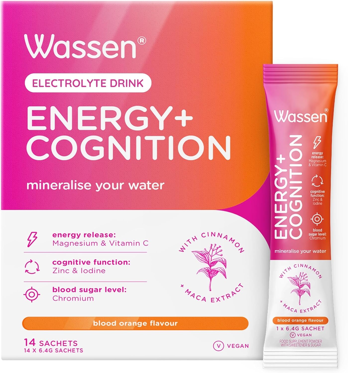 Wassen Energy & Cognition Energy Supplements - 14 Sachets | Vitamin C Sachets | Vitamin Powder For Water | Magnesium Sachets & Vitamin C Help Healthy Energy Release | Energy Powder | Magnesium Powder