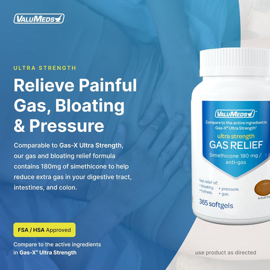 Valumeds Ultra-Strength Gas Relief For Adults (365 Softgels) Relieves Pressure, Bloating, And Painful Discomfort | Improves Regularity And Digestive Balance | 180Mg Simethicone