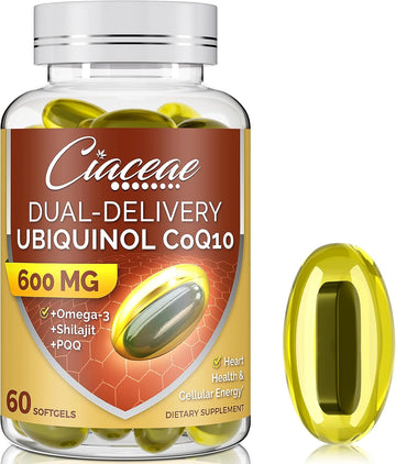 Ubiquinol Coq10 600 Mg Softgels With Omega-3 & Shilajit & Pqq, Advanced Dual-Delivery Coenzyme-Q10, Active Coq10 Ubiquinol Supplement For Antioxidant, Heart, Brain & Cellular Energy, 60 Servings