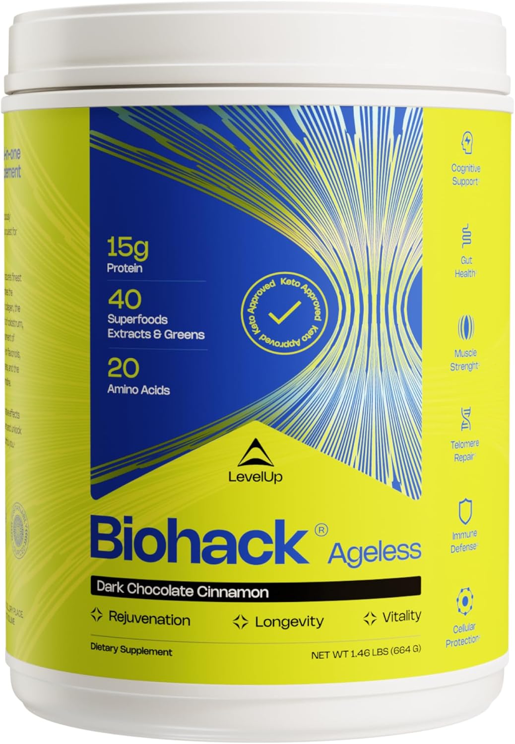 Levelup Biohack Ageless: Colostrum Collagen Superfoods Antioxidants Spermidine Amino Acids Creatine For Women And Men, Total Body Rejuvenation (Dark Chocolate Cinnamon)