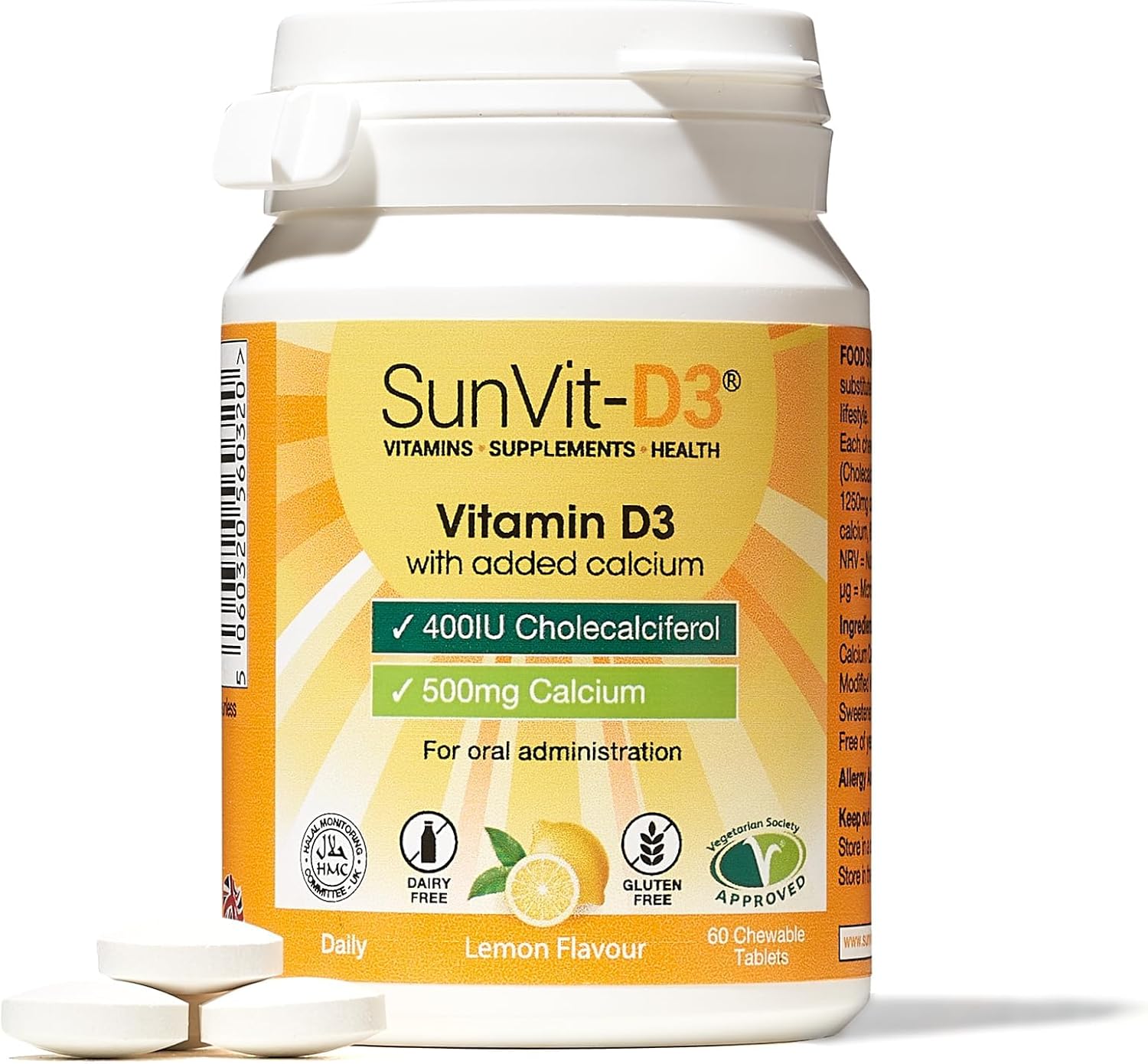 Sunvit-D3 Vitamin D3 400Iu With Added 500Mg Calcium Lemon Tablets - Calcium And Vitamin D Tablets Support The Maintenance Of Bone, Teeth, Muscle & Immune System - 60 Lemon Chewable Calcium Tablets