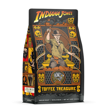 Bones Coffee Company Toffee Treasure Ground Coffee Beans Toffee Flavor | 12 oz Flavored Coffee Gifts Low Acid Medium Roast Gourmet Coffee Inspired by Disney's Indiana Jones (Ground)