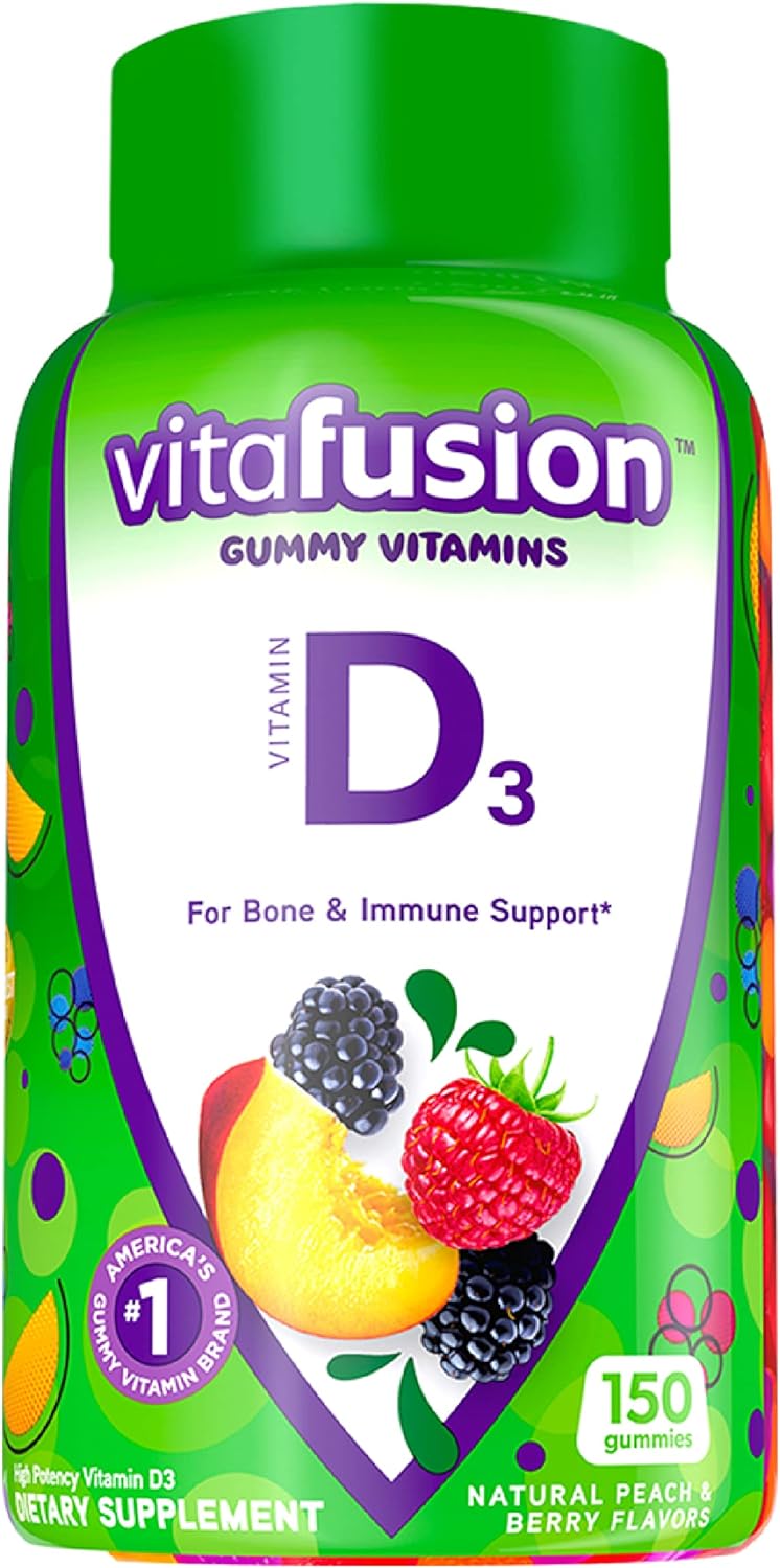 Vitafusion Vitamin D3 Gummy Vitamins for Bone and Immune System Support, Peach, Blackberry and Strawberry Flavored, 50 mcg Vitamin D, 75 Day Supply, 150 Count