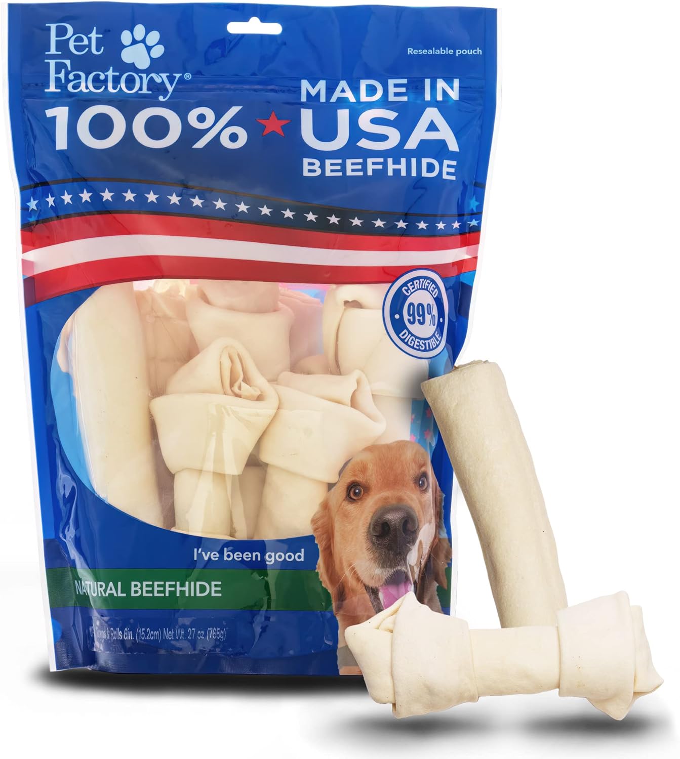 Pet Factory 100% Made in USA Beefhide 6-7" Assorted (Bones & Rolls) Dog Chew Treats - Natural Flavor, 10 Count/1 Pack