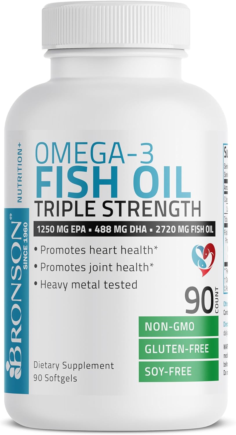 Bronson Omega 3 Fish Oil Triple Strength 2720 mg, High EPA 1250 mg DHA 488 mg, Non-GMO Heavy Metal Tested, 90 Softgels : Health & Household