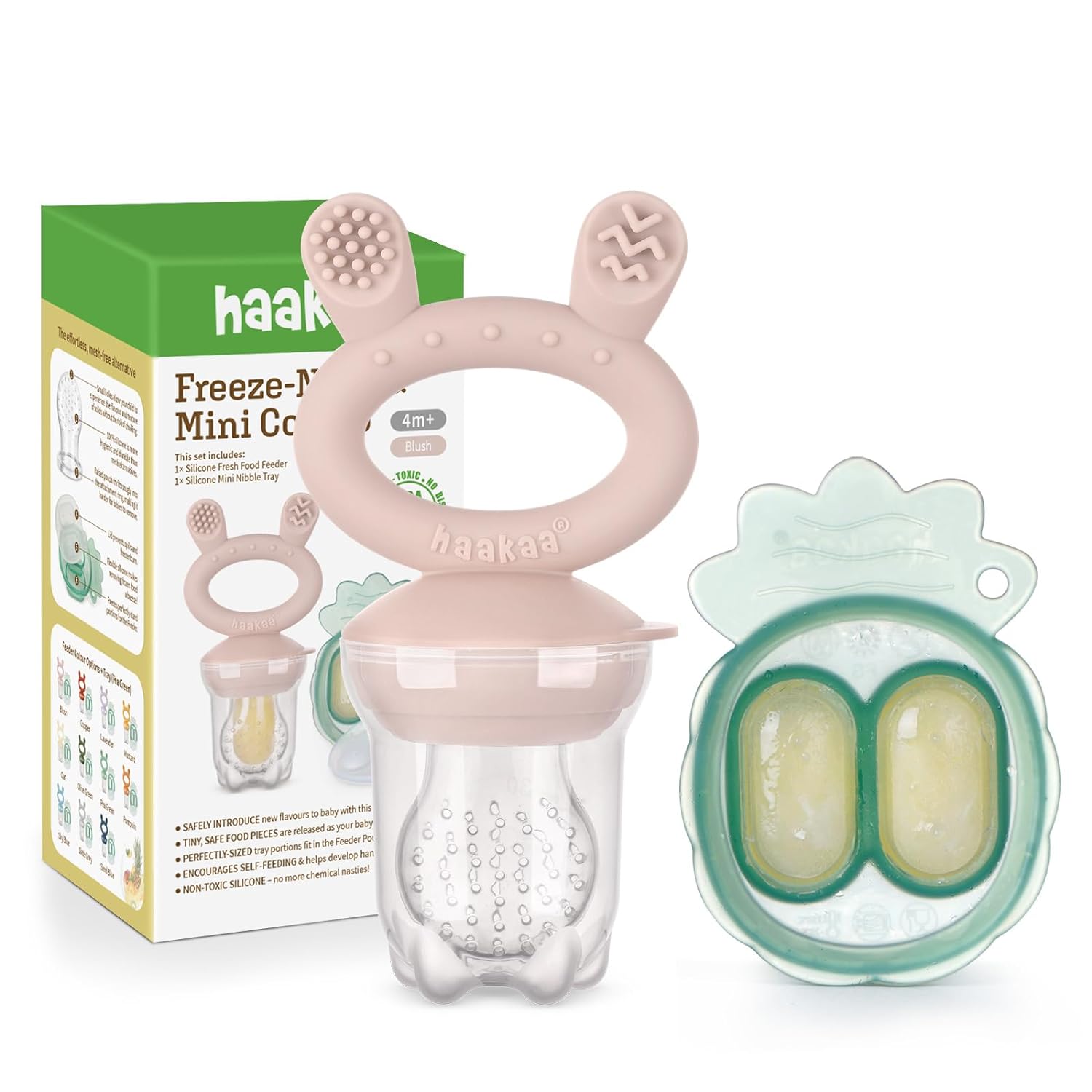 Haakaa Baby Fruit Food Feeder & Mini Freezer Nibble Tray Combo, Breastmilk Popsicle Molds for Baby Cooling Relief, BPA Free Silicone Feeder for Safe Infant Self Feeding, 4 Month+ (Blush)