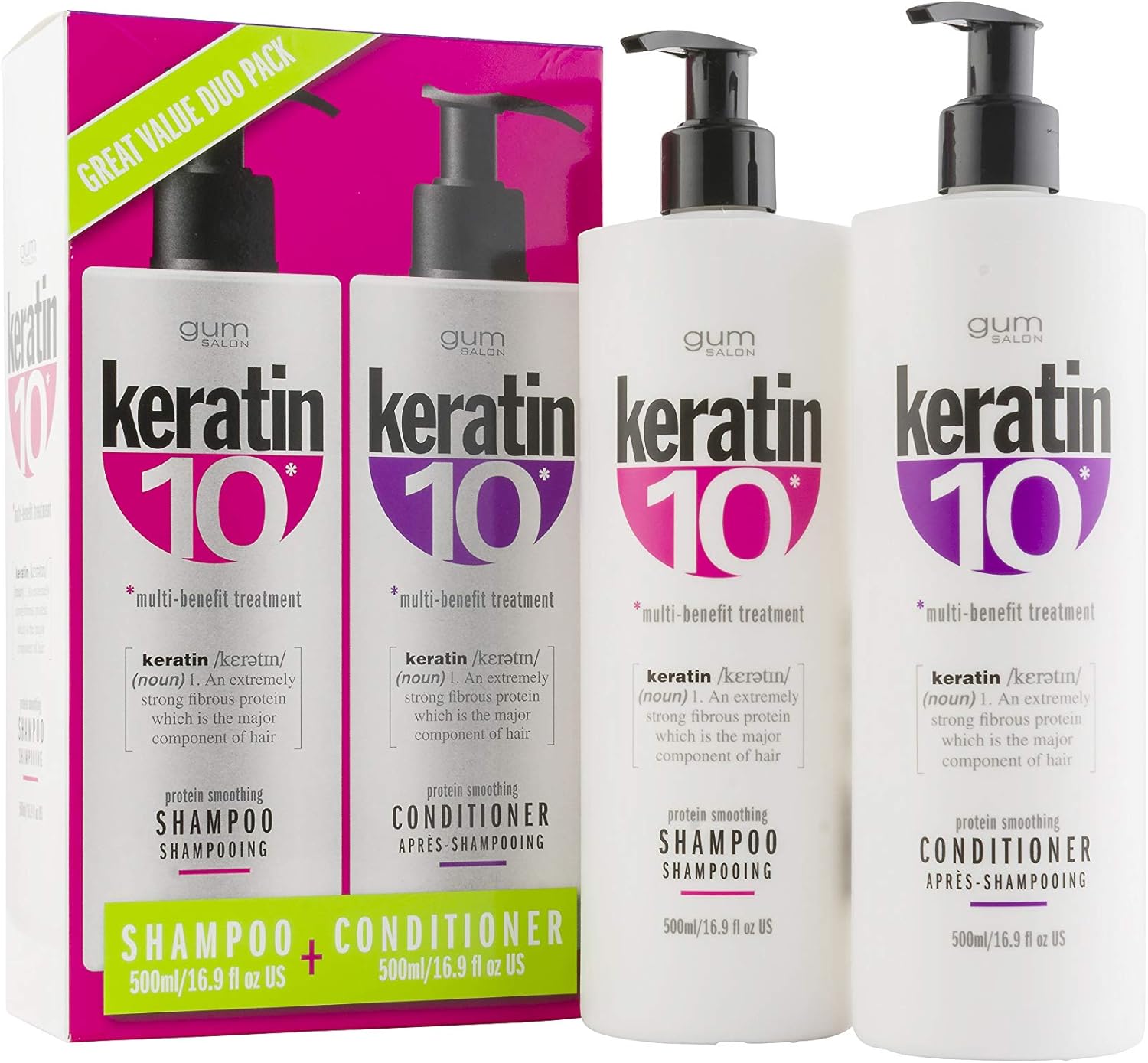 Keratin 10 Duo Pack Shampoo 500Ml & Conditioner 500Ml Great Value, Salon Quality, Keratin-Rich Formulas, 10 Great Benefits
