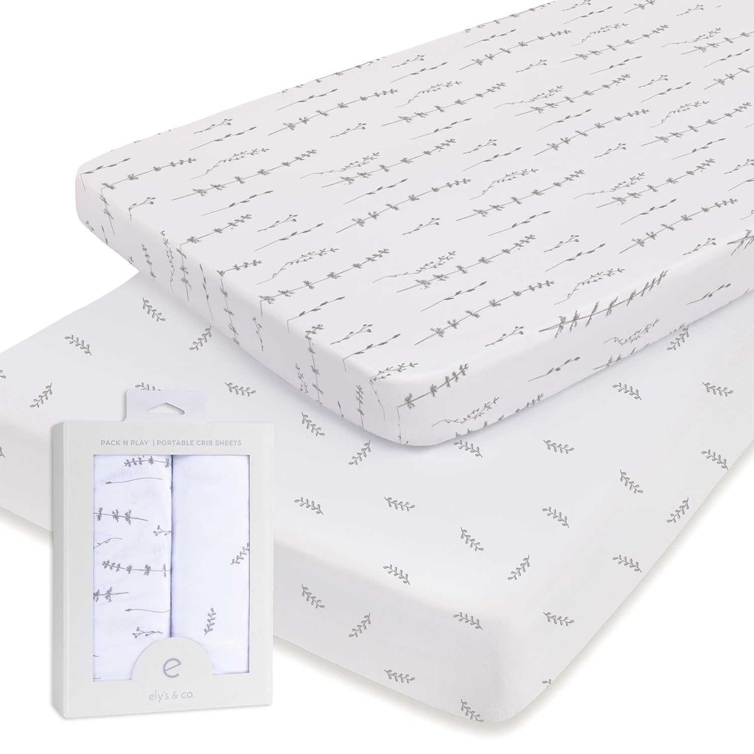 Pack And Play Sheets - 2 Pack Fitted With 100% Jersey Cotton - Pack N Play Mattress Sheets For Boys And Girls, Newborn Essentials (Neutral Forest Grey Floral And Leaves)